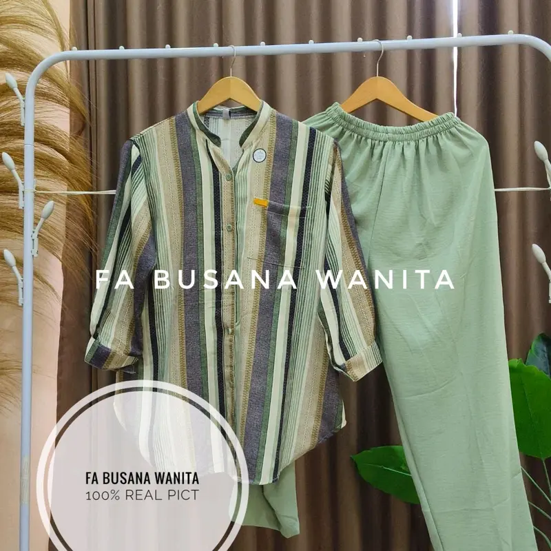 Setelan wanita jumbo bahan crinkle airflow Lembut baju Atasan Kancing depan Celana panjang Karet 1