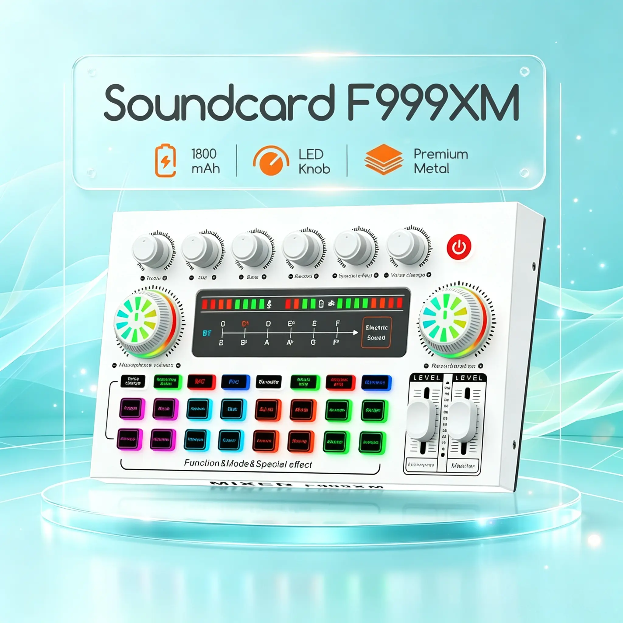 Bonkyo Soundcard F999XM Mixer Audio Profesional untuk Live & Karaoke dengan Koneksi Bluetooth dan Efek Suara Lengkap Baterai 1800mAh Metal Laptop