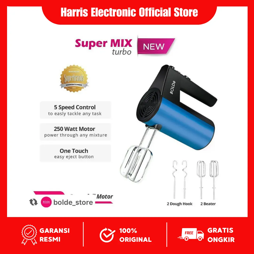 Bolde Super MIX TURBO HM-2250 Mixer Tangan 250 Watt 5 Kecepatan Turbo Stainless Steel Garansi 1 Tahun