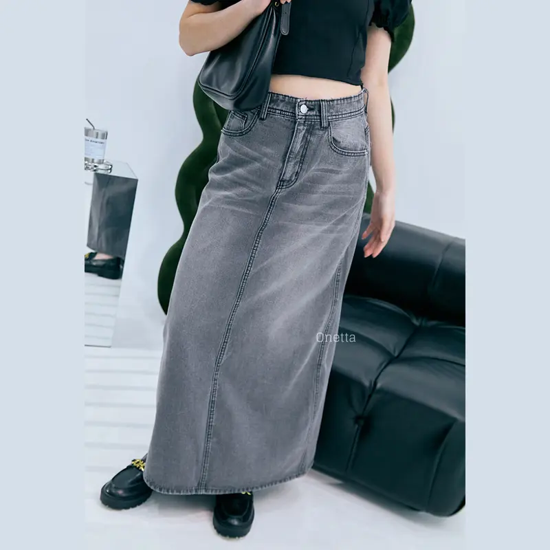Onetta - OLIVIA (Light Grey) - Rok Jeans Panjang Berhijab Maxi Skirt High Waist Tebal 3
