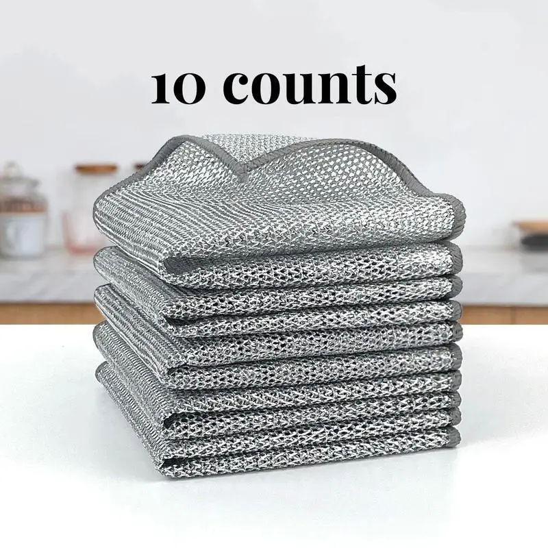 [Flash Sale]10 Counts Dishwashing Rags, Multipurpose Non-Scratch Wire Dishcloths for Wet and Dry Use,Reusable Wire Cleaning Cloths for Kitchen, Sinksand Pans Silver Removable, Washable & More   Cleaner Traditional Home Steel