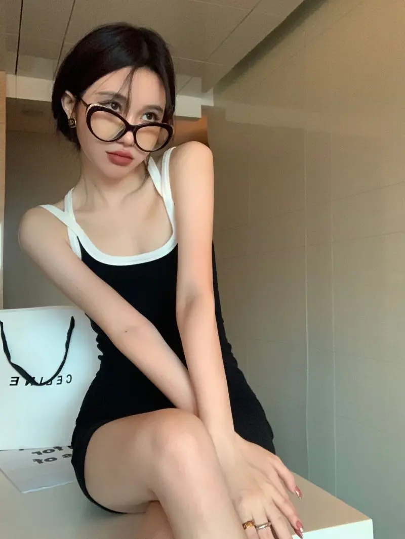Váy bó sát cho phụ nữ, áo yếm có dây đeo màu đen, thời trang thường ngày mùa hè, thiết kế hở lưng, thắt lưng cất giữ, ôm sát vừa vặn, quấn mông, váy ngắn