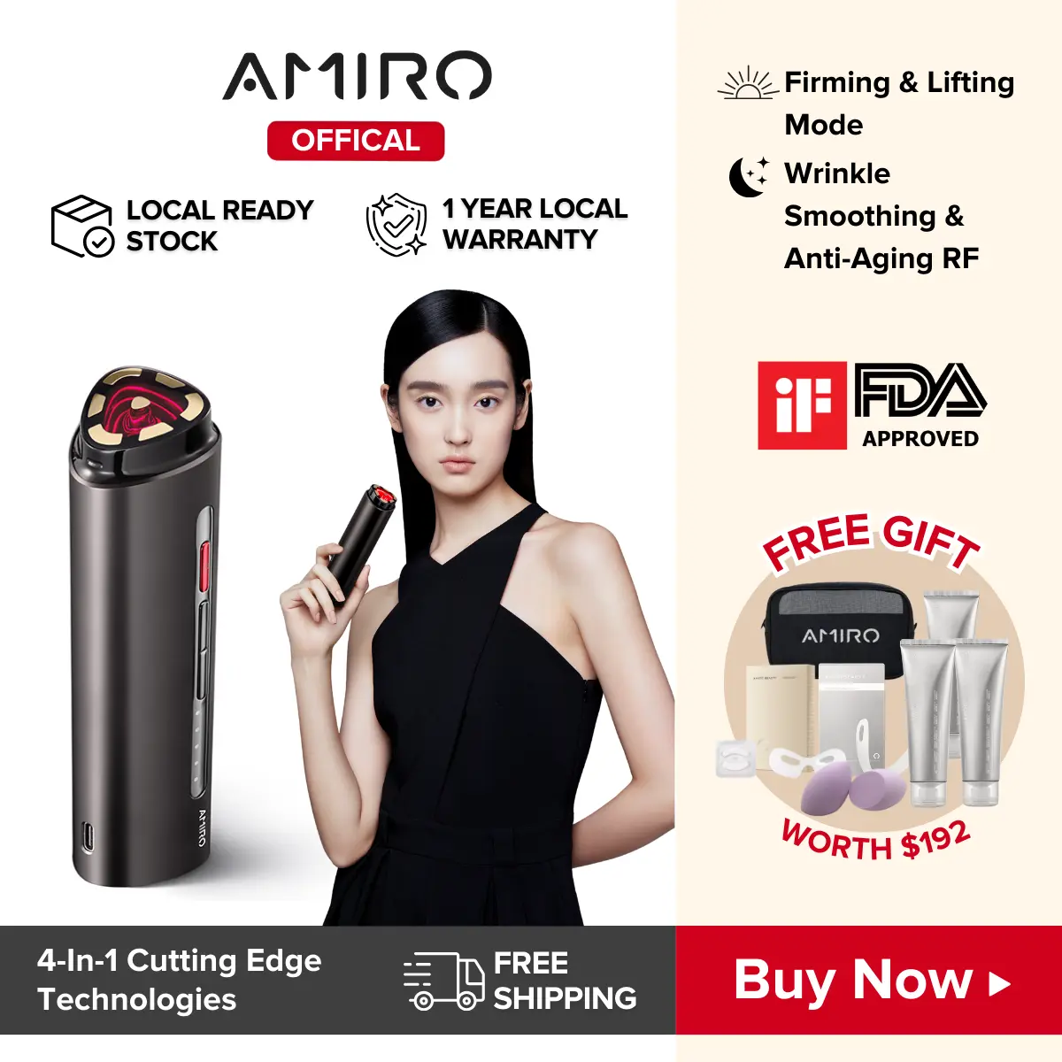 [BUY 1 GET 5] AMIRO R1 PRO Facial RF Skin Home Lifting/Tightening | Radio Frequency & Electro Microcurrent Beauty Device | Infra-red Light with Smooth RF Head | FDA Approved