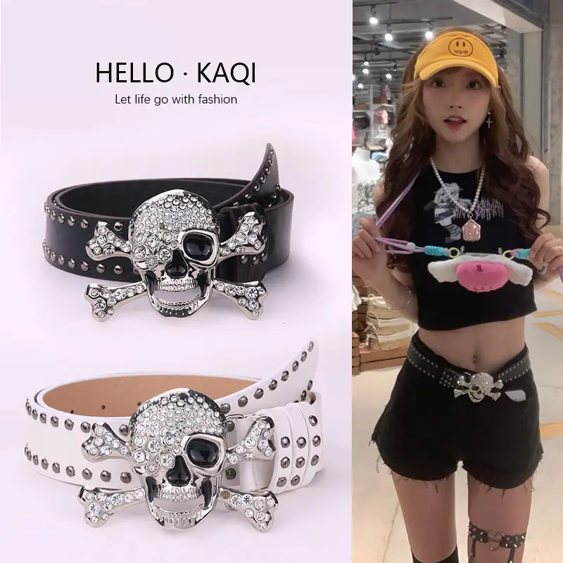 Thắt Lưng Đầu Lâu, Phong Cách Văn Hóa Phụ, Phong Cách Y2K, Cô Gái Nóng Bỏng Thiên Niên Kỷ, Thắt Lưng Đinh Tán Đường Phố, Phụ Kiện Thời Trang thắt  lưng  đính  đá  nữ