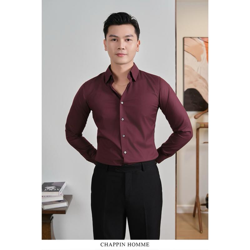  Áo sơ mi 1441 Đỏ Booc-Đo by Chappin cổ vuông button down form regular fit chất liệu bamboo pha cotton cao cấp thoáng mát thấm hút mồ hạn chế nhăn tốt. 