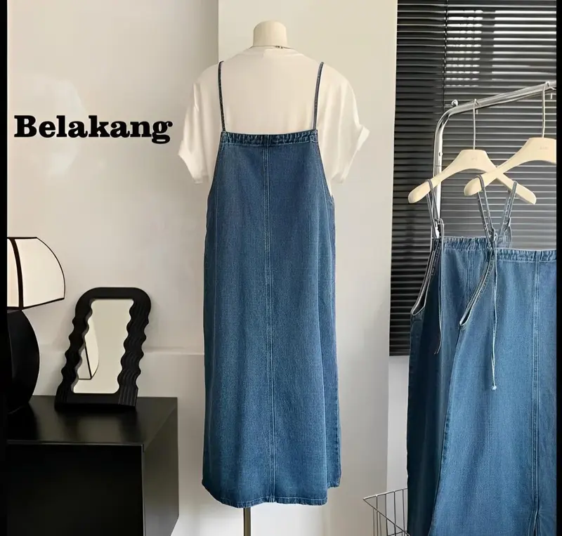 Overall Jeans Wanita Dress Korean Style Skirt Midi Long Rok Denim Casual Retro Panjang Dewasa Simple Remaja 4