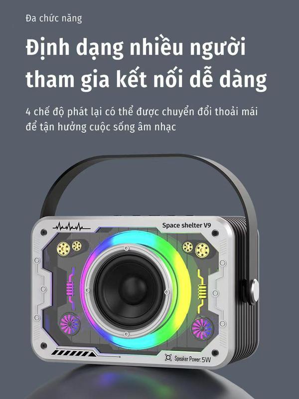 Loa V9 kết nối với điện thoại, máy tính bảng,... tiện lợi, nhanh chóng qua Bluetooth. âm thanh bass tốt, hỗ trợ thẻ nhớ TF, âm thanh lớn, chất âm tốt, đèn led nhiều màu sắc tạo nên không khí sôi động khi nghe nhạc 2