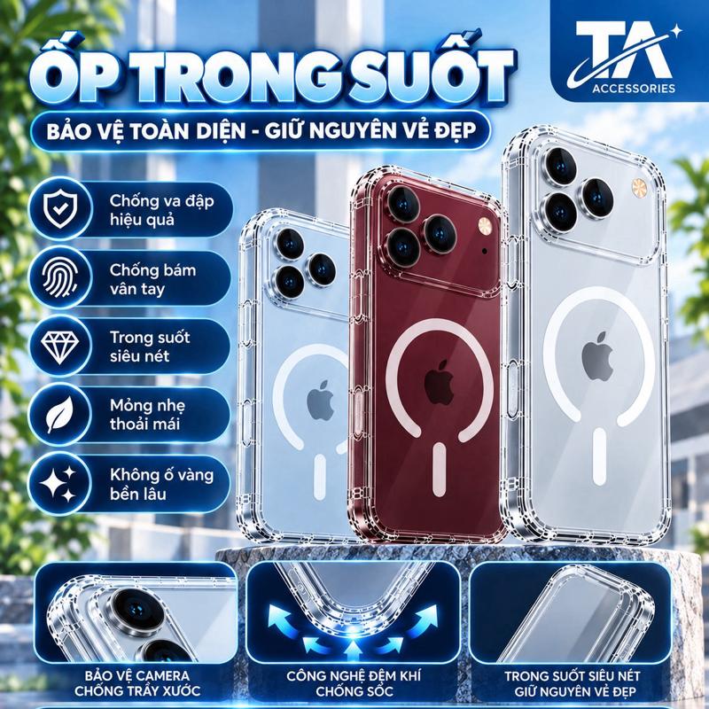 Ốp Trong Suốt Sạc Từ Tính Cho iPhone Bảo Vệ Toàn Diện Chống Trơn Trượt Mỏng Nhẹ Tinh Tế