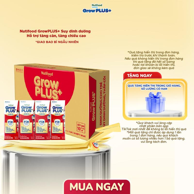 [CÓ ĐƯỜNG/ÍT ĐƯỜNG] Thùng sữa bột pha sẵn Nutifood Growplus+ Đỏ_dòng Suy Dinh dưỡng (180ml x 48 hộp) - Hỗ trợ Tăng Cân, Tăng Chiều Cao (Bao bì tuỳ đợt nhập hàng)