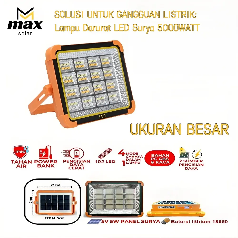 【MAX SOLAR】“SOLUSI UNTUK GANGGUAN LISTRIK: Lampu Darurat LED Surya 5000WATT”｜Cahaya Kuat & Tahan Lama｜Lampu Darurat Surya Profesional｜Portabel & Tahan Air untuk Camping dan Outdoor