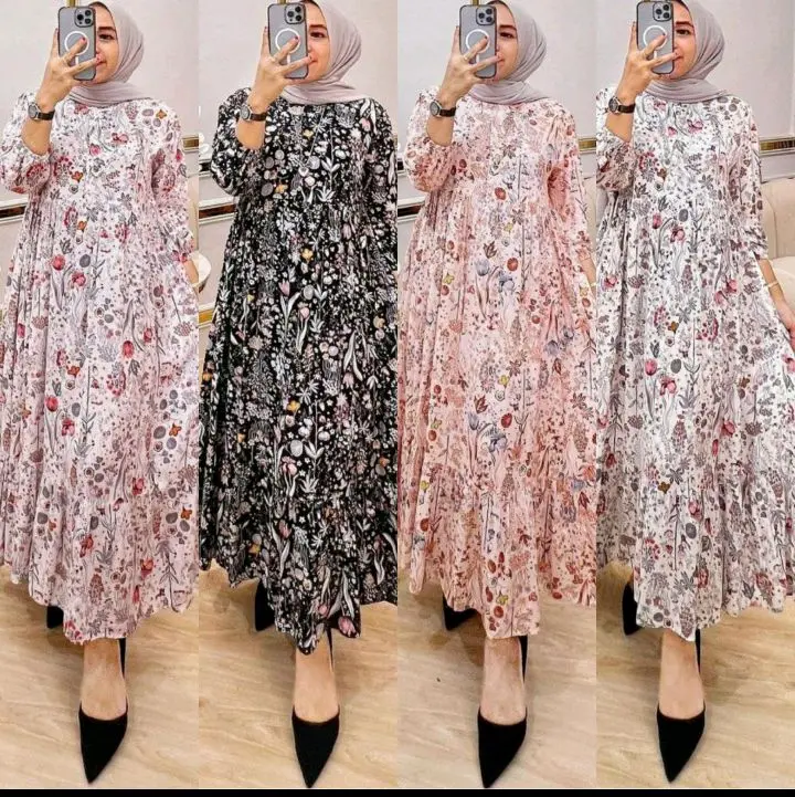 MIDI DRESS RAYON MOTIF BUNGA/MIDI DRESS WANITA TERBARU/MIDI DRESS KEKINIAN/MIDI DRESS JUMBO/MIDI DRESS RAYON/MIDI DRESS TERMURAH/MIDI DRESS VIRAL KEKINIAN/BAJU SANTAI/BUSUI/BIG SIZE/MIDI TRENDI MASA KINI/GAMIS/DASTER Casual Viscose