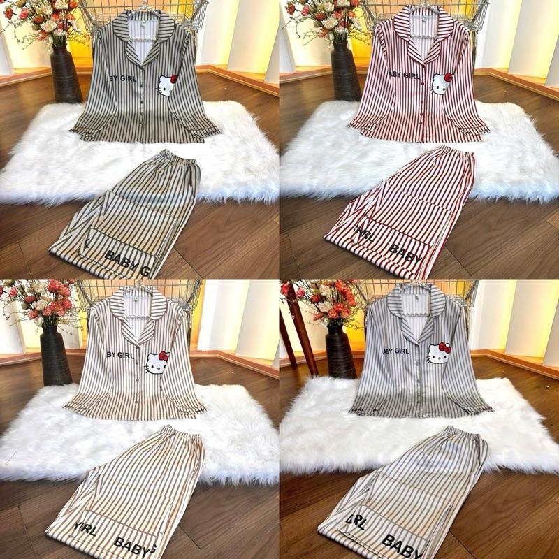 LỤA LATIN SPK kitty Sọc: (45kg-85kg) Pijama lụa latin được thiết kế hoạ tiết kitty Sọc Xanh, Sọc Nâu phối trên nền xám nhạt.m DỄ THƯƠNG, Tay Dài Tay Ngắn, Size 45kg-85kg Women Quần Ngủ Nữ Nhung Nho Voi