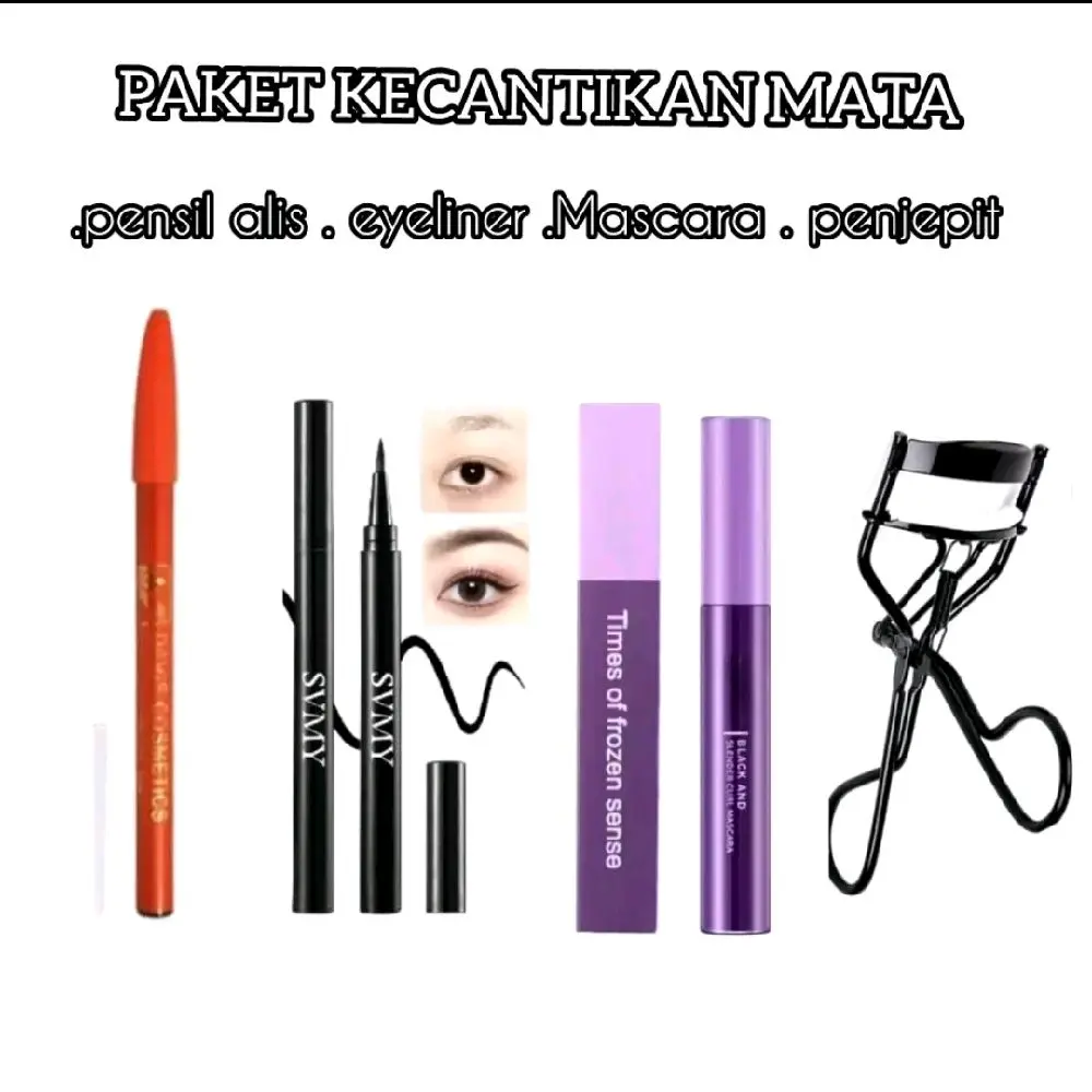 (4pcs) Paket Bundling isi 4 Mascara, eyeliner,pensil alis,penjepit bulu mata Eyebrow Waterproof Pencil