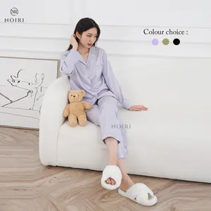 NOIRI - Baju Tidur Lengan Panjang Celana Panjang Setelan One set Wanita Dewasa Motif Polos Minimalis Korean Style Piyama Sutra Es Kelas Atas