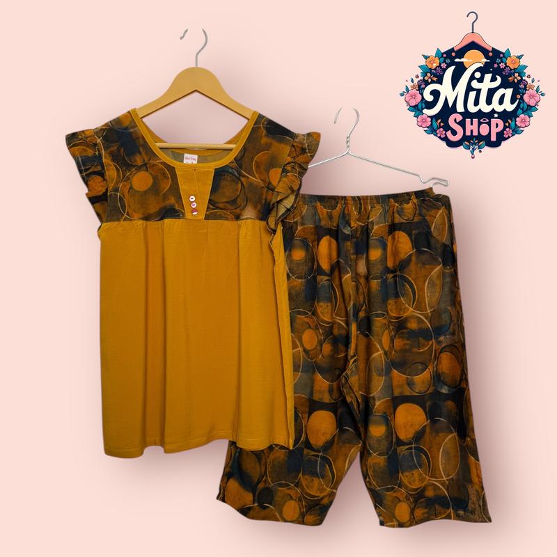 Đồ bộ trung niên Tôn Nhung quần lửng tay cánh tiên phối màu - Mát mẻ, sang trọng cho mẹ ngày hè (49-90kg) | Quần Áo Nữ Women