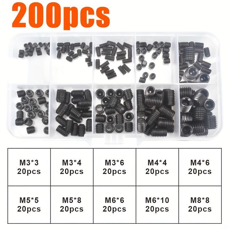 200Pcs Black Headless Hex Socket Set Screws Assortment Kit, Flat‑End Grub…