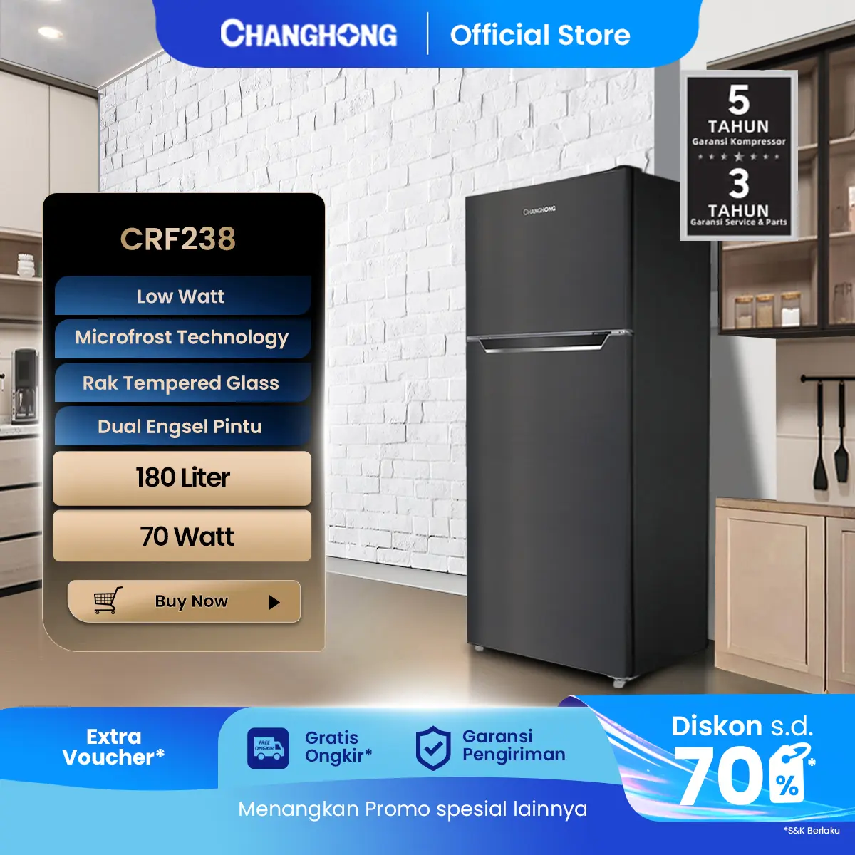 Changhong  Kulkas Lemari Es 2 Pintu Refrigerator Kapasitas 180 Liter Pendingin Makanan & Minuman - CRF238 Black gap 45