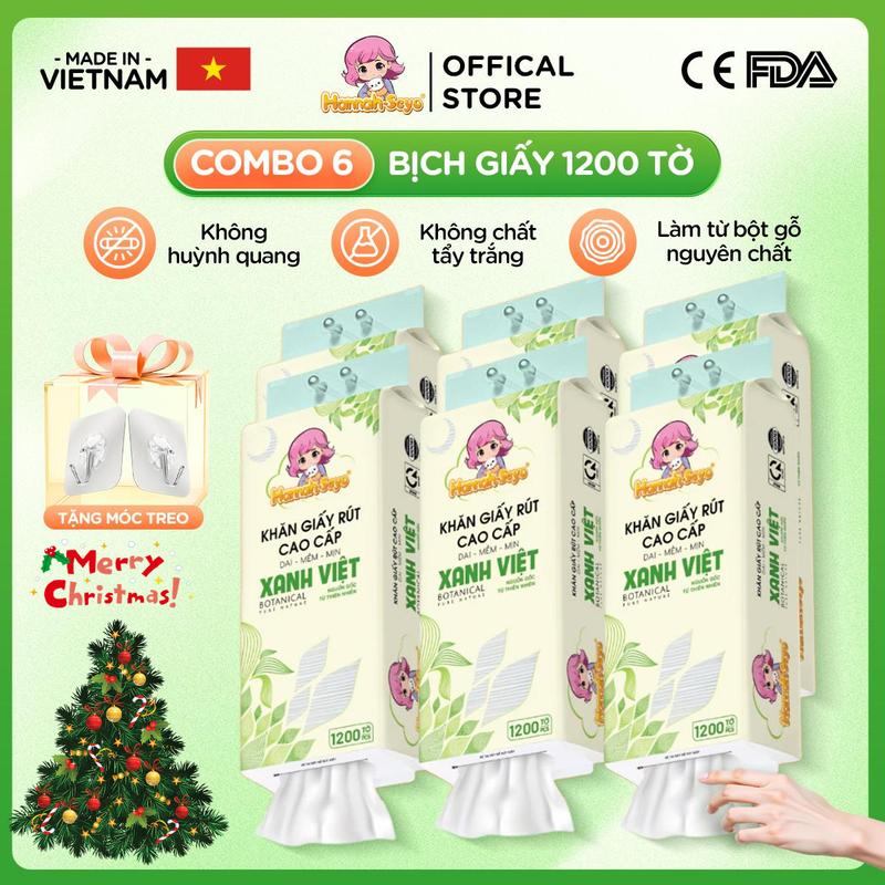   SIÊU TIỆN LỢI  Thùng 06 bịch Khăn giấy rút 1200 tờ bịch 4 lớp không mùi XANH VIỆT Hannah Seyo 