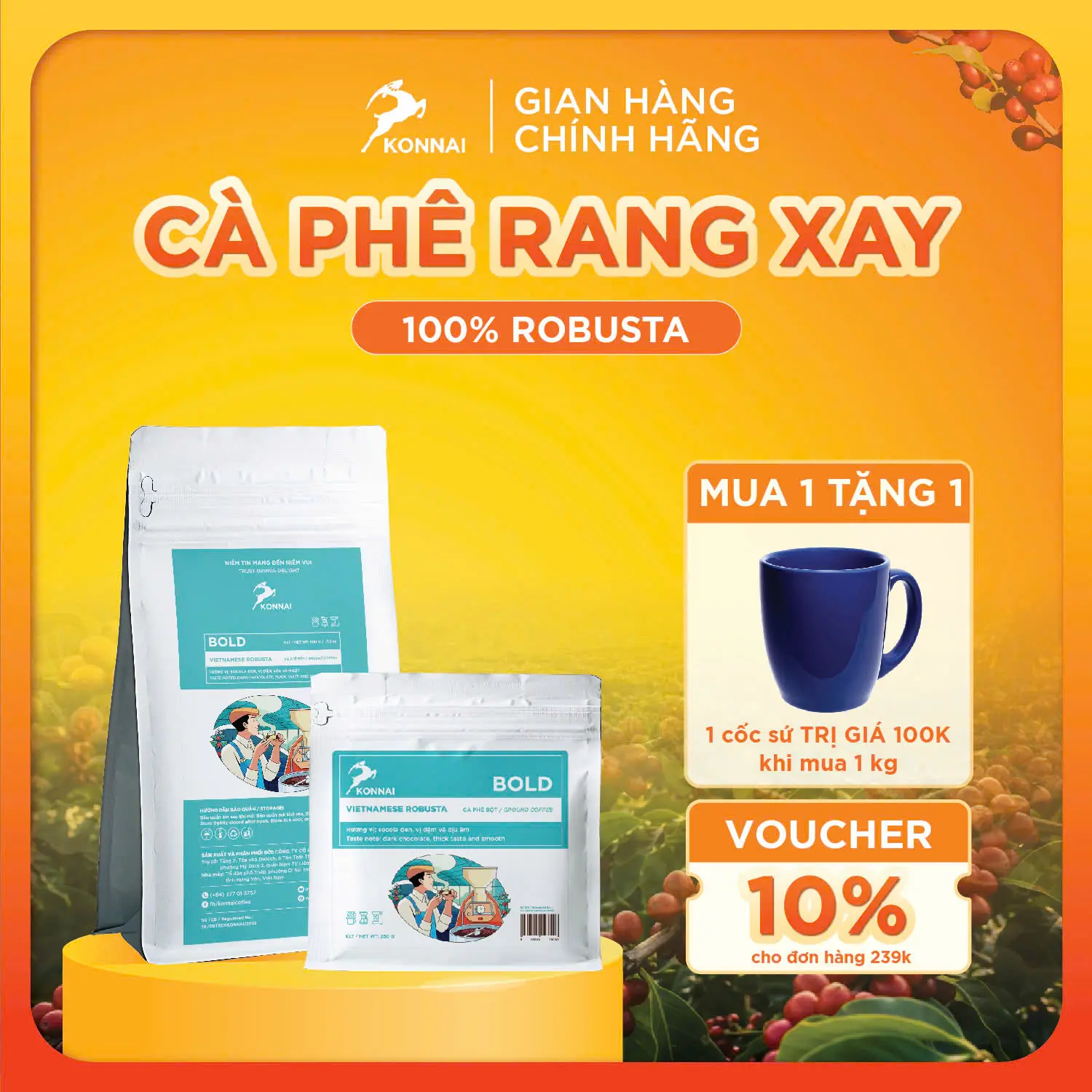 Cà phê rang xay nguyên chất BOLD - Konnai Coffee - hạt cà phê Robusta Lâm Đồng - hương vị Socola đen, vị đậm vừa và mượt