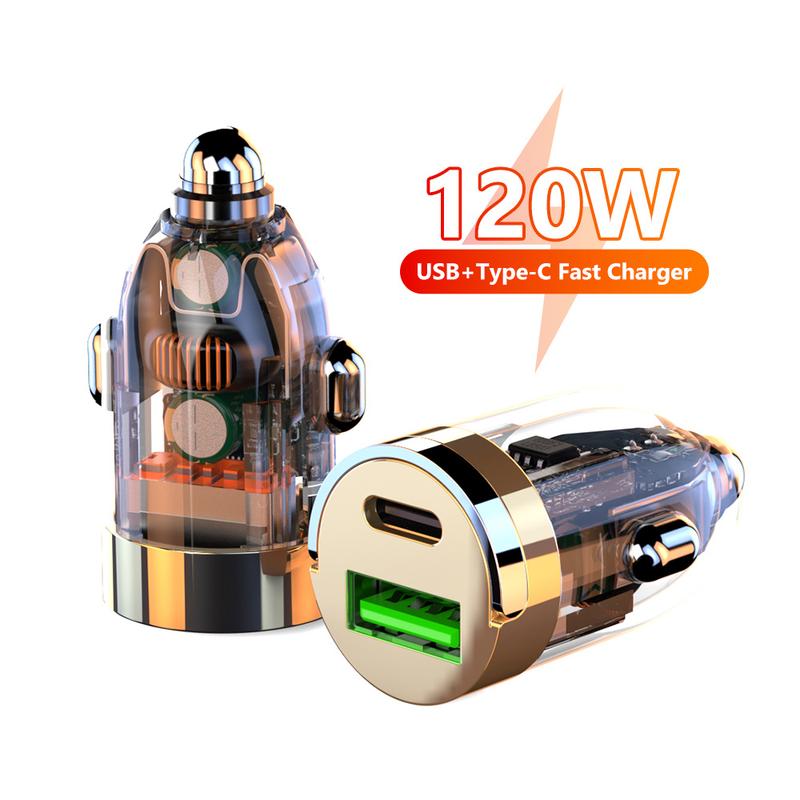 Bộ sạc ô tô Vòng kéo trong suốt Vô Hình 120W Sạc nhanh USB Type C QC3.0 PD Bộ sạc điện thoại Tương thích với iPhone Xiaomi Samsung