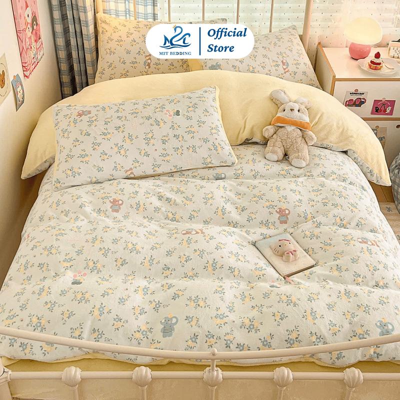Bộ vỏ chăn ga gối nỉ nhung Domi họa tiết M2T Bedding - Vỏ chăn ga giường và 2 vỏ gối nằm - vỏ chăn có khóa kéo để lồng ruột Không kèm ruột bông bên trong chăn