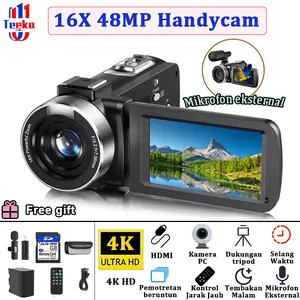 TEEKA [DV01] 48MP 16X Zoom Handycam 4K HD Video Camcorder 1050mAh Digital Video Cameras For Photography Youtube Live Streaming 3 Inch Screen Video Camera Recordeer【Dengan Kartu 64GB】 Kamera Cctv
