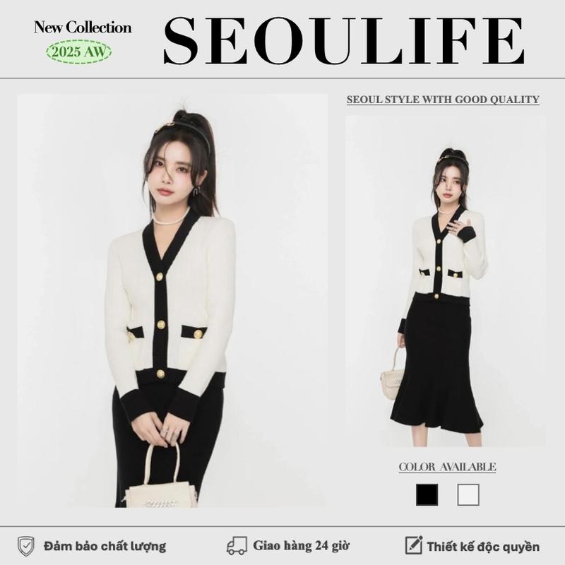 SEOULIFE| Áo Cardigan Dệt Kim Phong Cách Pháp Thiết Kế Colorblock Màu Đen Và Trắng Cổ Chữ V Dài Tay Với Nút Vàng Ngắn len nữ kiểu đẹp kny
