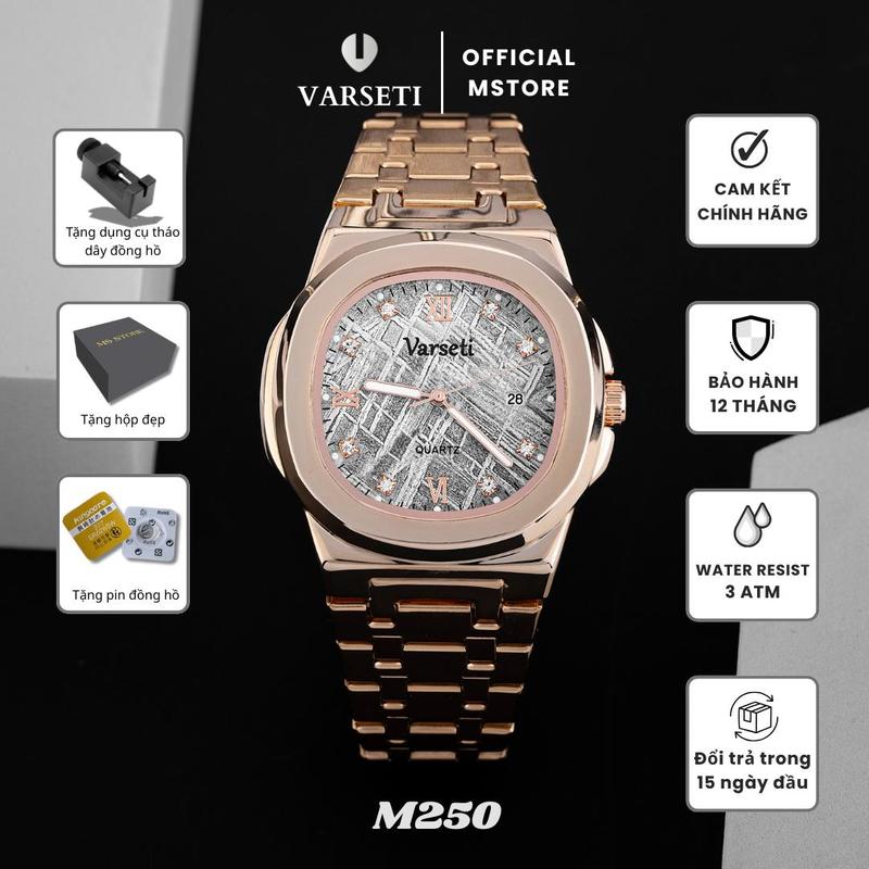 M250 - Đồng Hồ Pin Varseti Các cọc số đính đá kết hợp số La Mã mạ vàng tinh xảo giúp tổng thể vừa cổ điển, vừa hiện đại và đầy cuốn hút.