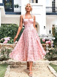Vestido Halter de Mujer con Estampado Floral Menudo, Fruncido, con Volantes y Atado en la Espalda, Elegante y Casual, Vestido Midi en A sin Espalda para Uso Diario y al Aire Libre, Vestido de Mujer para el Verano