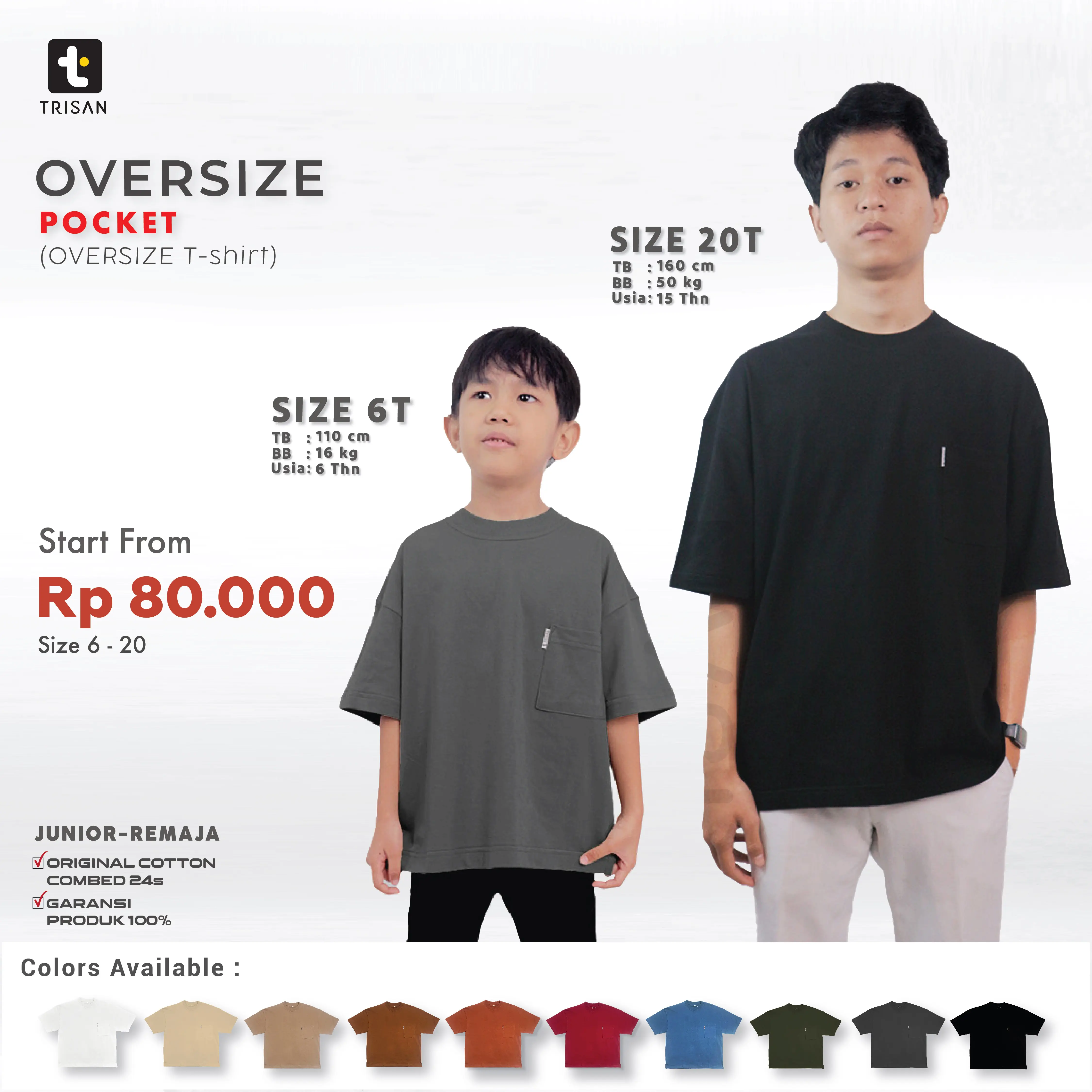 BAJU KAOS POLOS OVERSIZE ANAK JUNIOR REMAJA REAL COMBED KATUN 24s SIZE BESAR USIA 5 TAHUN SAMPAI SIZE L DEWASA