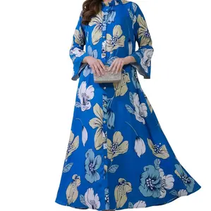 Baju Wanita Model Long Dress Motif Bunga Biru Muslim Elegan dan Menarik Cocok untuk Berbagai Kesempatan