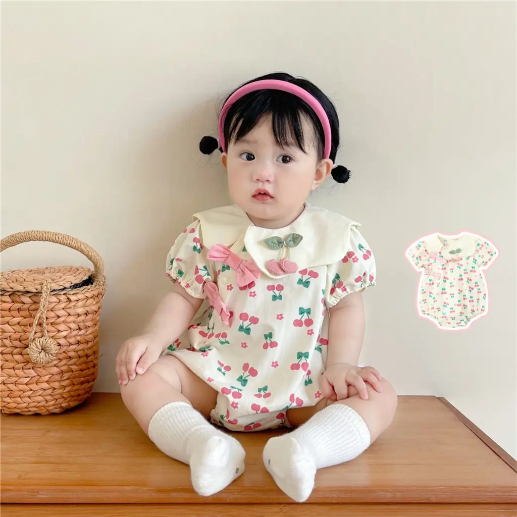 Baby Clothes Summer New Baby Girl Short-sleeved Onesie 0-24 Months Newborn Bodysuit Pure Cotton Super Cute Cherry Princess Style Romper