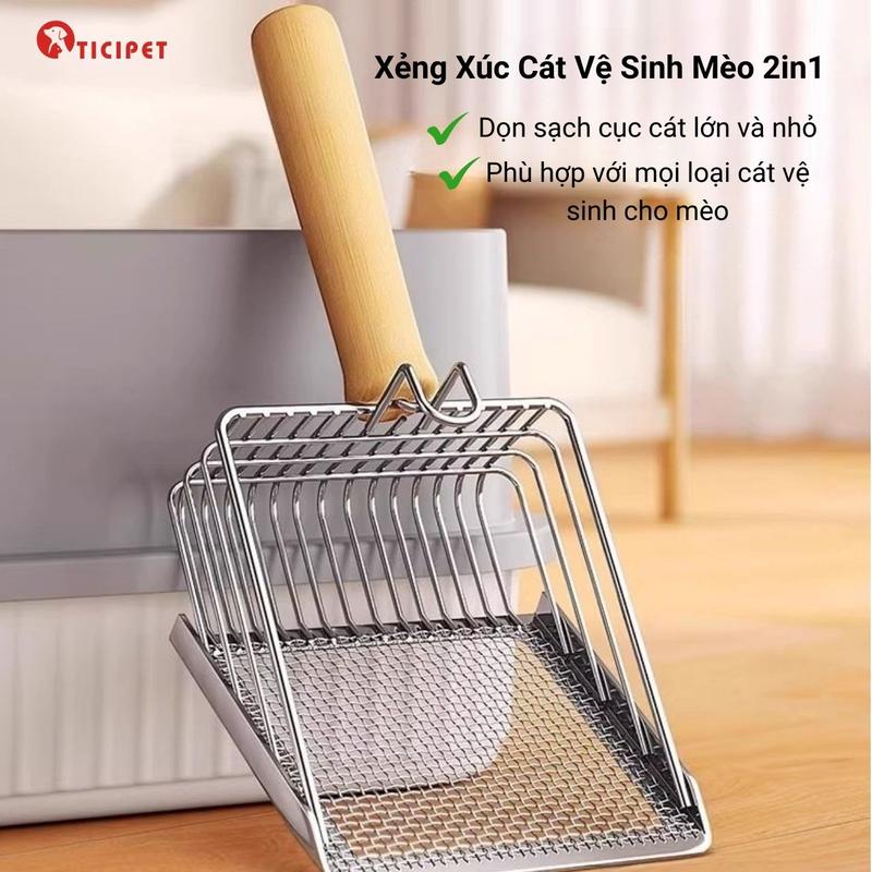Xẻng Xúc Cát Vệ Sinh Cho Mèo Chuyên Dụng 2in1 2 Phần Lọc Hạt Lớn và Nhỏ Inox Không Gỉ Tay cầm Bằng Gỗ Chắc Chắn Xẻng Xúc Cát Vệ Sinh Cho Mèo Phù Hợp Với Mọi Loại Cát Vệ Sinh Cho Mèo - Ticipet