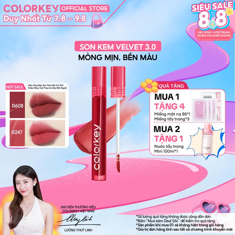 Son Kem Velvet COLORKEY Phiên Bản 3.0 Chất Son Mỏng Mịn, Bền Màu Mềm Mượt Trên Môi 3g