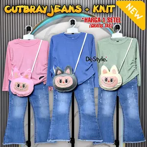 (FREE TAS BONEKA) Setelan Anak Perempuan Kekinian / Celana Cutbray Jeans Anak Lightblue / One Set Lebaran Knit Serut Usia 1-12 tahun baju