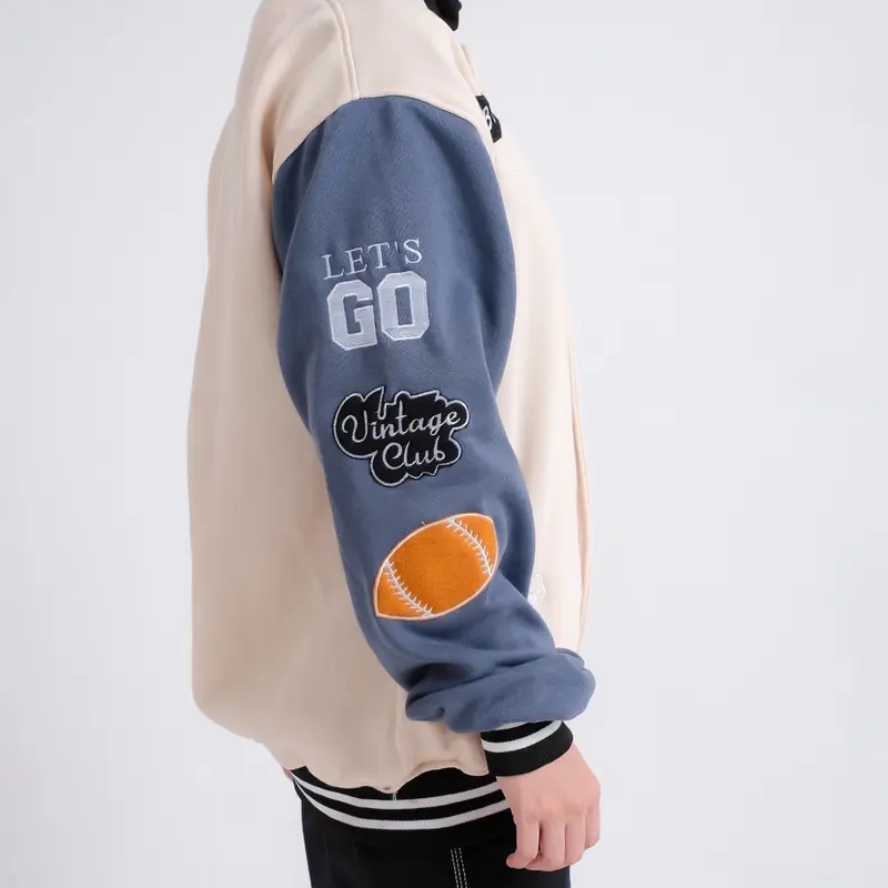 Jaket Varsity Baseball Full Bordir Pria Wanita Bahan Fleece Tebal Ukuran M L XL Cream 6