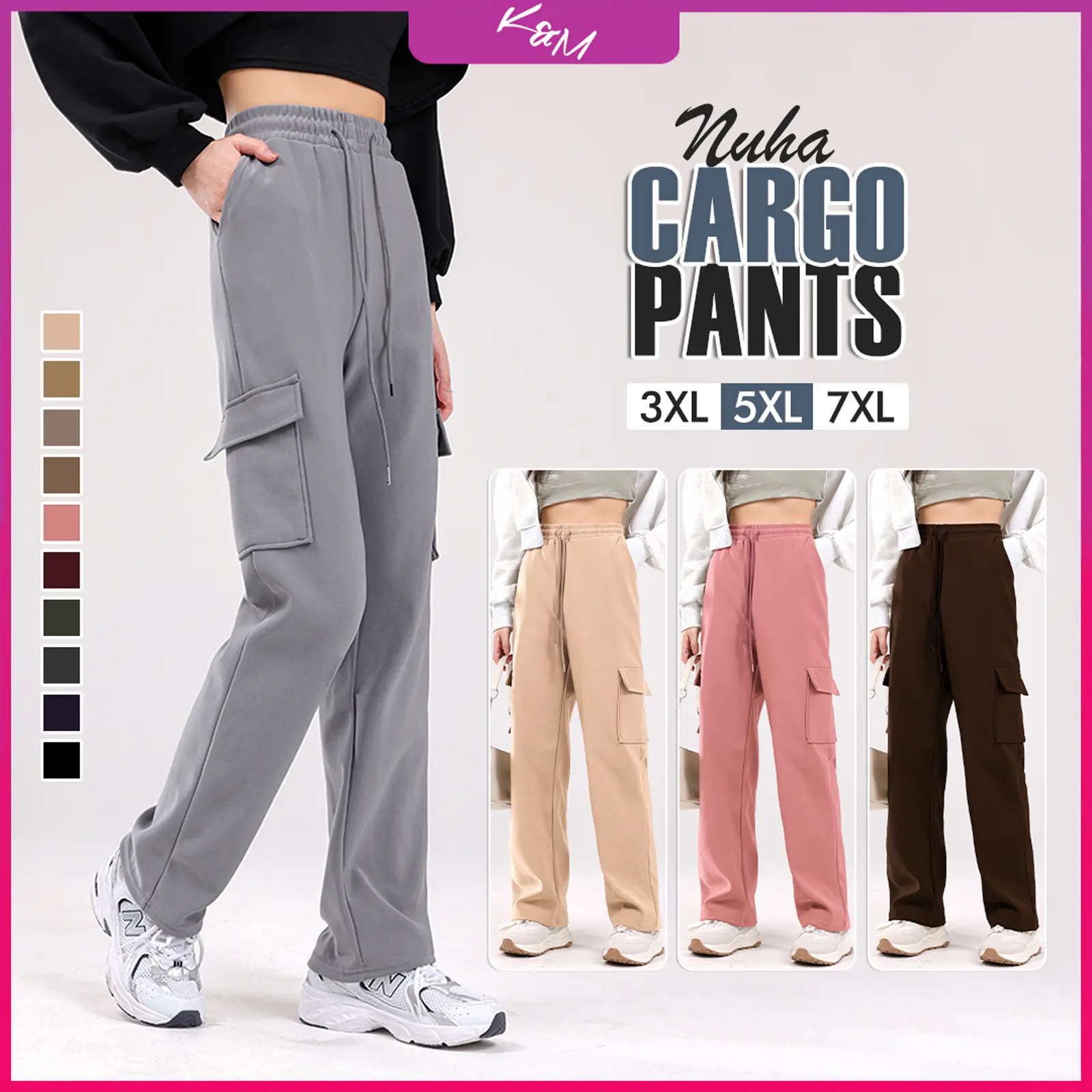 KM Nuha Multi-Pocket Cotton Bamboo Straight Cut Women Cargo Straight Cut Pants [P5334]