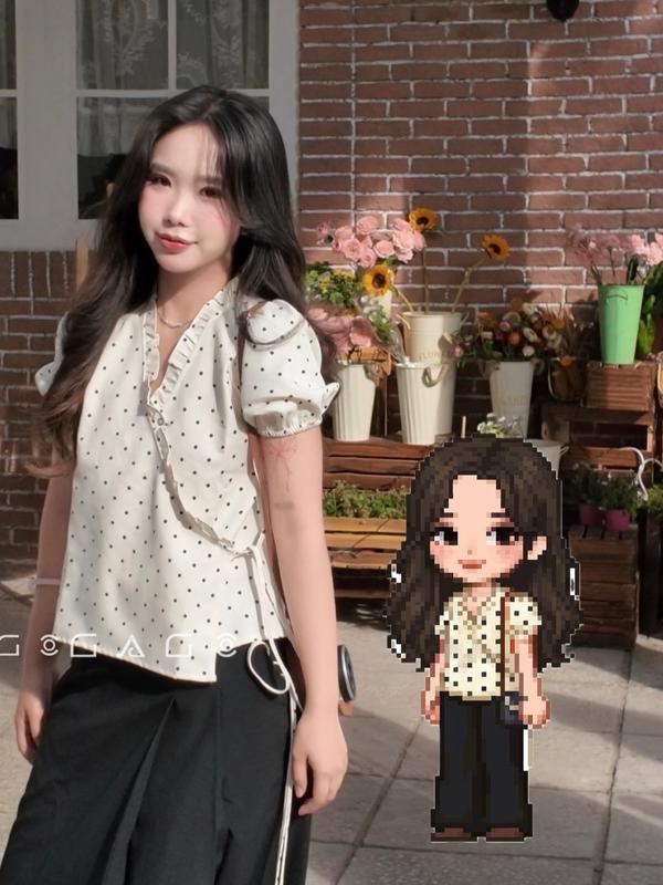 Áo Sơ Mi GAGO Brand Viền Bèo Kimono Tay Phồng Thắt Dây Eo Hot Trend Chấm bi Thời Trang Nữ