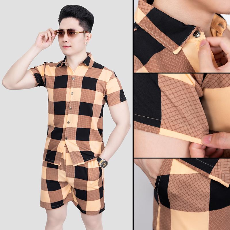 Bộ Quần Áo Nam Mùa Hè Kẻ Ô  Cao Cấp, Bộ Đồ Nam Ngắn Tay Mùa Hè Chất Lụa Xịn Mát