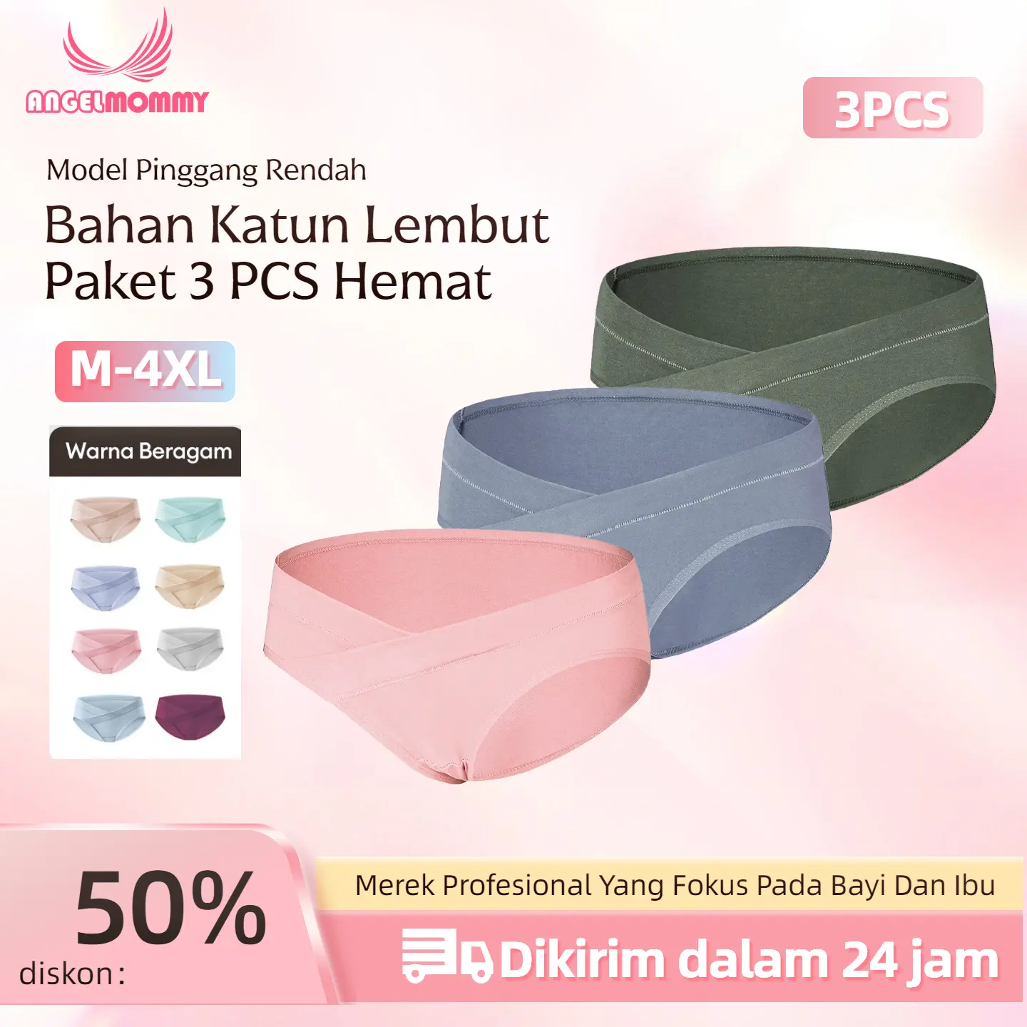 ANGEL MOMMY  Celana Dalam Ibu Hamil 3pcs Ukuran Jumbo Bahan Katun Pinggang Rendah Nyaman Untuk Bumil & Busui Prenatal Pascapersalinan
