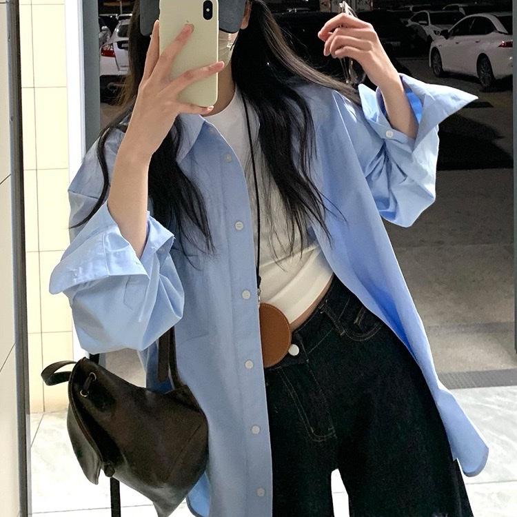 Áo sơ mi trơn form rộng thiết kế vạt bầu đuôi tôm peonyb - Thun nữ dài tay kiểu đơn giản basic bánh bèo tiểu thư hotgirl công sở hàn quốc oversize bigsize