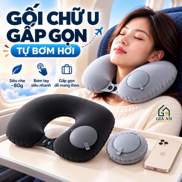 Gối Kê Cổ Chữ U Gấp Gọn Bơm Hơi Tay Gia An Care, Gối Cổ Máy Bay Du Lịch, Gối Ngủ Văn Phòng Êm Ái