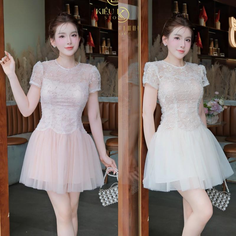 [Kiều Linh]-Váy Dự Tiệc Thiết Kế Tay Ngắn KL379 chất liệu Ren hoa thêu nổi Kim Sa phối chân váy Lưới, 2 Lớp Lót, Giấu Đường May