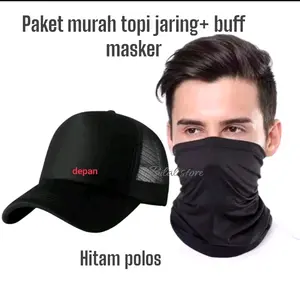 Paket Hemat Topi Jaring Trucker+Buff Masker Hitam Polos Dewasa Pria Wanita