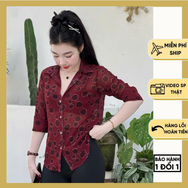 Áo Sơ Mi Nữ Dài Tay Lụa Voan Tơ Mỏng Họa Tiết Màu Đỏ Son Đen Be
