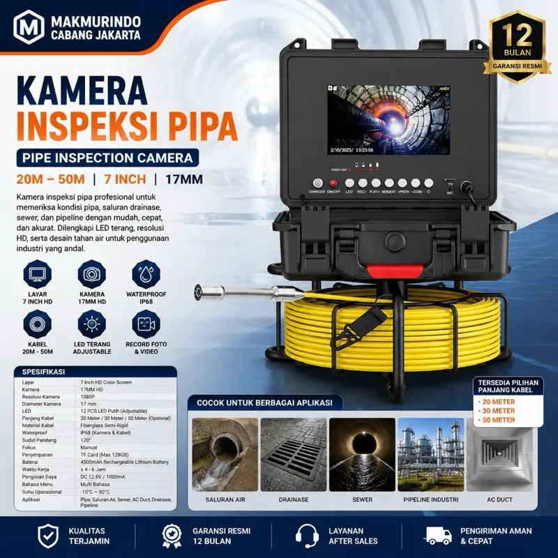 Pipe Inspection Camera 20M 30M 50M 7 Inch HD 17MM Sewer Drain Endoscope Kamera Inspeksi Pipa