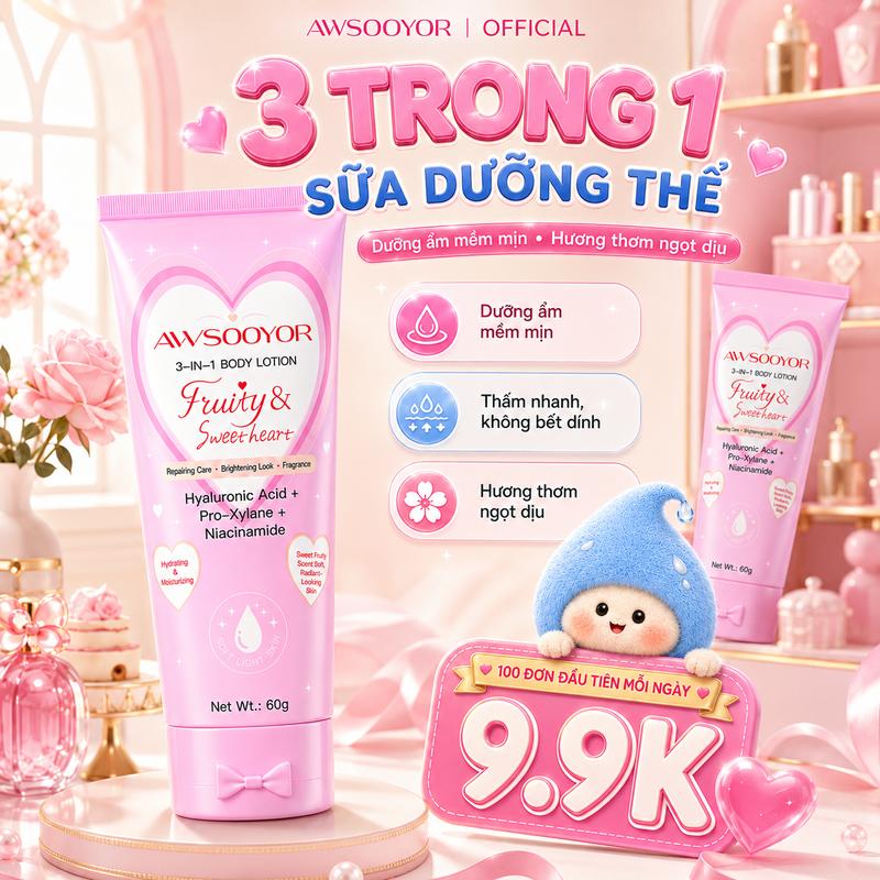 SỮA DƯỠNG THỂ 3 TRONG 1 dùng hằng ngày, cảm giác nhẹ da 60g, hương thơm ngọt nhẹ, thấm nhanh, không gây bết dính, phù hợp cho cả nam và nữ