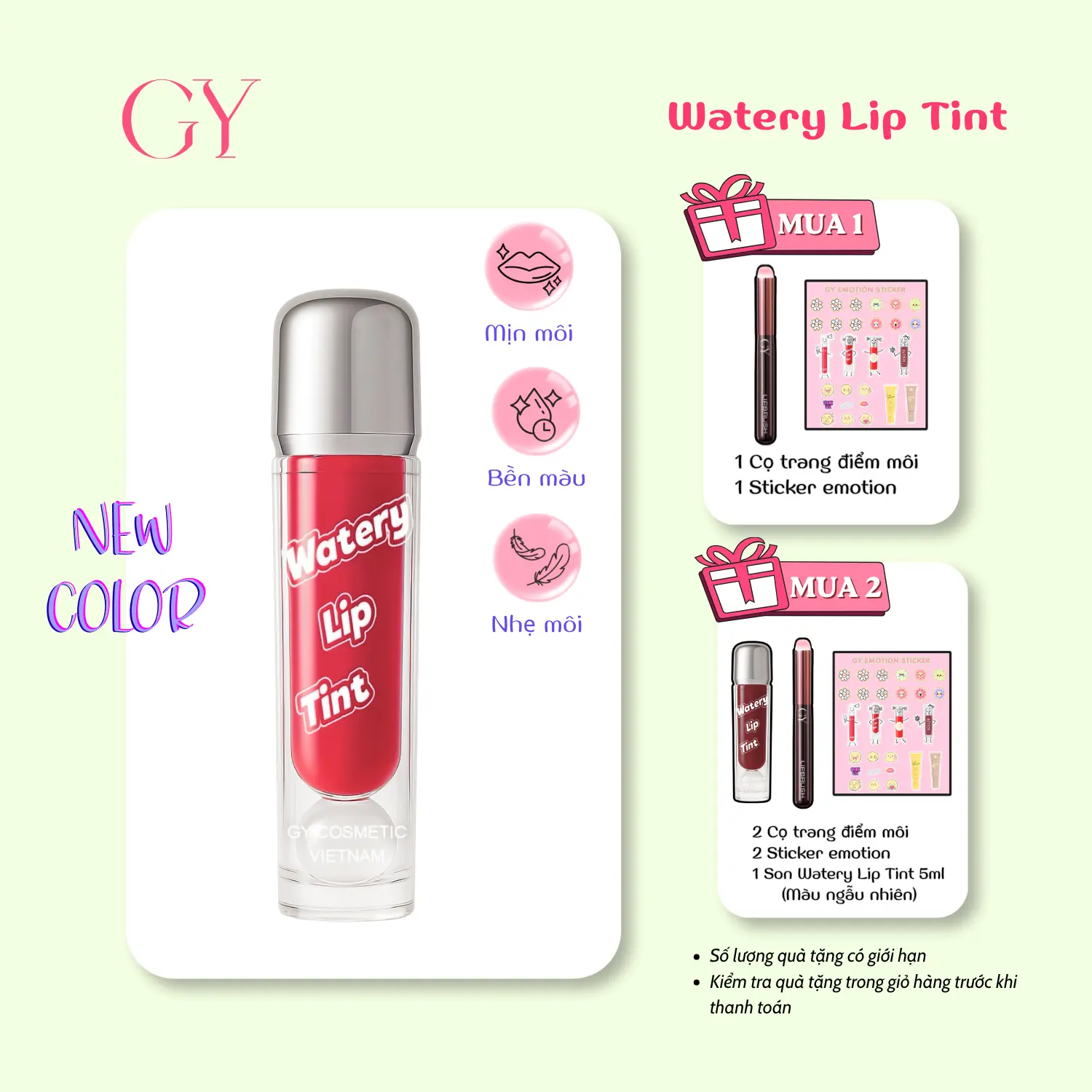 [Phiên Bản Nâng Cấp] Son Tint Lì Watery Lip Tint 5ml, 12 Màu Mới, Lì Mịn, Nhẹ Môi, Lâu Trôi, Bền Màu GY Cosmetics
