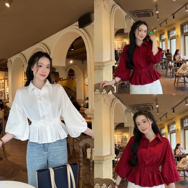 Áo sơ mi nữ tay lồng đèn dáng chít eo xinh xắn trẻ trung LAMO - B1490