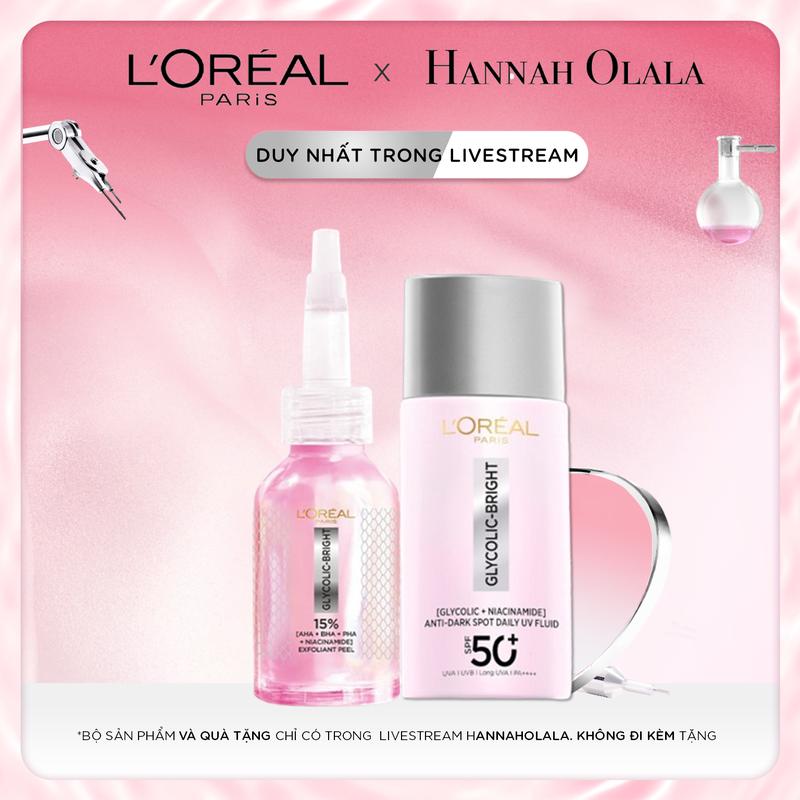 [KOL] [VB] Bộ dưỡng chất peel làm sạch tế bào da 25ml & Sữa chống nắng dưỡng sáng mờ thâm Glycolic bright Loreal Paris 50ml